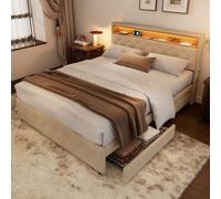 Btm Upholstered Double Bed 4Ft6 135X190Cm Led Light Bedside Pocket 4 Storage Drawers Slatted Frame Linen Beige