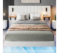 Btm Upholstered Double Bed 4Ft6, Velvet, Storage Headboard With Lamps, Charging Port, Underbed Light, White