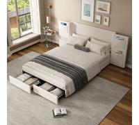 BTM Upholstered double bed 4ft6 with storage headboard & drawers in Beige BTM Beige