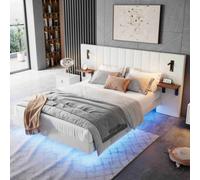 Btm Upholstered Double Bed 5Ft, Velvet, Storage Headboard With Lamps, Charging Port, Underbed Light, White