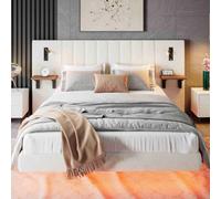 Btm Upholstered Double Bed 5Ft, Velvet, Storage Headboard With Lamps, Charging Port, Underbed Light, White