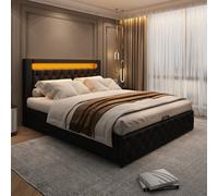 Btm Upholstered Functional Bed 135X190Cm With Storage & Multi-Color Led Lighting, Pu, Black