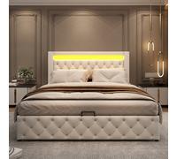 Btm Upholstered Functional Bed 150X200Cm With Slatted Frame Storage Space Led Lighting In Different Colours White Pu