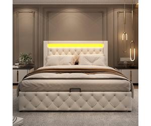 Btm Upholstered Functional Bed 150X200Cm With Slatted Frame Storage Space Led Lighting In Different Colours White Pu