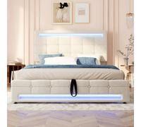 Btm Upholstered Hydraulic Bed 4Ft6 Double 135X190Cm Beige Velvet Iron Led Lighting Storage Bed Square Design Adults Teenagers