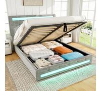 Btm Upholstered Hydraulic Bed 4Ft6 Double 135X190Cm Grey Velvet Iron Led Lighting Storage Bed Adults Teenagers