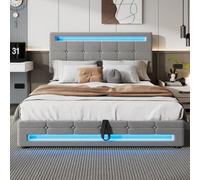 Btm Upholstered Hydraulic Bed 4Ft6 Double 135X190Cm, Square Embellishment, Led Strips, Velvet+Iron, Grey