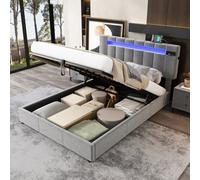 BTM Upholstered Hydraulic Bed, 4Ft6 Double Bed 135X190Cm, Bluetooth Stereo, Usb Port, Led-Light Strips, Velvet+Iron, Grey