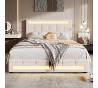 BTM Upholstered Hydraulic Bed, 4Ft6 Double Bed 135X190Cm, Led Light Strips, Velvet+Iron, Beige