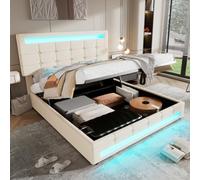 Btm Upholstered Hydraulic Bed, 4Ft6 Double Bed 135X190Cm, Led Light Strips, Velvet+Iron, Beige