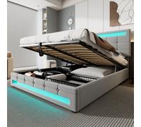 BTM Upholstered Hydraulic Bed, 4Ft6 Double Bed 135X190Cm, Square Embellishment, Led-Light Strips, Velvet+Iron, Grey