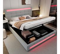 Btm Upholstered Hydraulic Bed, 4Ft6 Double Bed 135X190Cm, Square Embellishment, Led-Light Strips, Velvet+Iron, Grey