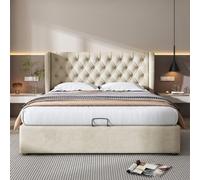 Btm Upholstered Hydraulic Storage Bed 135X190Cm Without Mattress Velvet Beige