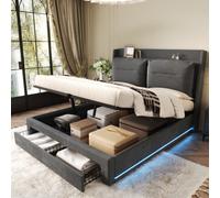 Btm Upholstered King Size Bed 5Ft 150X200 Velvet With Hydraulic Storage Drawers Led Lights Slatted Frame Dark Grey
