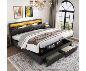 Btm Upholstered King Size Bed 5Ft With Led Light Hydraulic Storage Drawers Foam Headboard Linen Grey