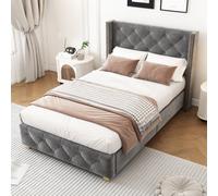 Btm Upholstered Single Bed 3Ft, Velvet, Button & Rivet Headboard, Wooden Legs, With Slatted Frame, Grey