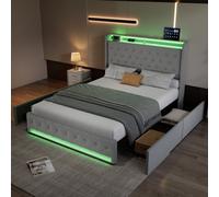 Btm Upholstered Storage Bed 4Ft6, Velvet, 4 Drawers, Soft Headboard, Light Strips, Charging Socket, Grey