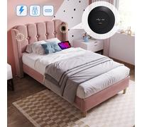 BTM Upholstered Wooden Slatted Bed Frame with USB & Type-C Charging in Pink | Size: Double BTM Pink Double