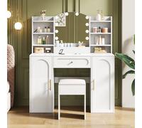 Btm Vanity Table With Led Mirror And Stool, 1 Drawer, 2 Cabinets, Adjustable Lighting, White, 110X40X132Cm