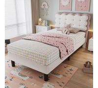 BTM Velvet Biscuit Bed for Kids, Soft Headboard, Beige+Pink in Beige | Size: Single BTM Beige Single