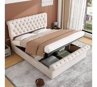 BTM Velvet Button Tufted Sleigh Bed with Storage & Slatted Frame in Beige | Size: King BTM Beige King