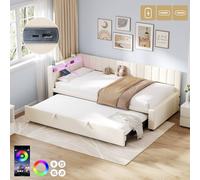 BTM Velvet Daybed with LED Lights, Charging Station, & Trundle in Beige | Size: Single BTM Beige Single
