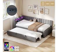 BTM Velvet Daybed with LED Lights, Charging Station, & Trundle in Grey | Size: Single BTM Grey Single