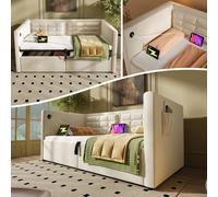 BTM Velvet Daybed with USB-C Charging & Hydraulic Storage in Beige BTM Beige