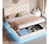 Btm Velvet Double Ottoman Bed With Led, Hydraulic Storage, Adjustable Tufted Headboard, 4Ft6 Frame, Beige