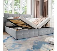 Btm Velvet Hydraulic Bed, Double 180X190 Single 90X190, Tufted Backrest, Spliced Design, Grey (No Mattress)