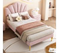 BTM Velvet Upholstered Bed Single Bed 3Ft 90X190 Cm Shell Bed Golden Iron Legs Height-Adjustable Headboard Slatted Frame Pink
