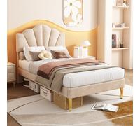 BTM Velvet Upholstered Bed Single Bed 3Ft 90X190 Cm Shell Bed Golden Iron Legs Height-Adjustable Headboard Slatted Frame Beige Old