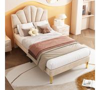 Btm Velvet Upholstered Bed Single Bed 3Ft 90X190 Cm Shell Bed Golden Iron Legs Height-Adjustable Headboard Slatted Frame Beige Old
