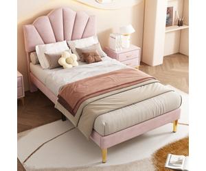Btm Velvet Upholstered Bed Single Bed 3Ft 90X190 Cm Shell Bed Golden Iron Legs Height-Adjustable Headboard Slatted Frame Pink