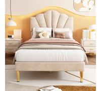 Btm Velvet Upholstered Single Bed 3Ft 90X190Cm Shell Bed, Gold Iron Legs, Adjustable Headboard, Beige