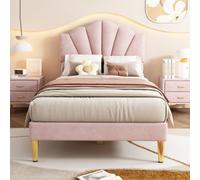Btm Velvet Upholstered Single Bed 3Ft 90X190Cm Shell Bed, Gold Iron Legs, Adjustable Headboard, Pink