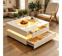 Btm White High Gloss Coffee Table With 3 Drawers Led Lighting Glass Top Storage Table 70 X 70 X 35 Cm