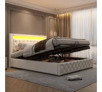 BTM White PU Upholstered Bed 150x200cm with LED Lighting & Storage | Size: 150x200 cm BTM White 150x200 cm