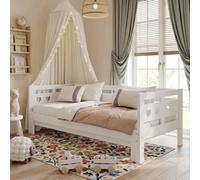 Btm White Wooden 3Ft Single Daybed With Pull Out Trundle Sofa Guest Bed For Children And Adults 90 X 190 Cm