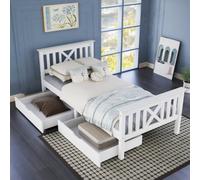 Btm Wooden Bed Frame With Drawers Single Storage Bed Solid Pine Wood 3Ft Guest Bed For Adults Kids Teenagers 90X190Cm White