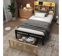 BTM Wooden Bed with Charging, LED & Rattan Storage Drawer in Natural | Size: Double BTM Natural Double