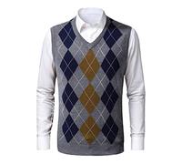 Btmpmcs Mens Argyle Sweater Vest Casual V-Neck Sleeveless Jumper Gentleman Knitted Slipover Business Knitwear Sweater Tank Tops Wool Waistcoat Golf Gilets Pullover Grey