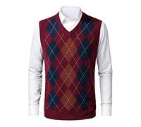 Btmpmcs Mens Argyle Sweater Vest Casual V-Neck Sleeveless Jumper Gentleman Knitted Slipover Business Knitwear Sweater Tank Tops Wool Waistcoat Golf Gilets Pullover Wine Red