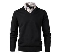 Btmpmcs Mens Plain V Neck Jumpers Casual Slim Fit Knitwear Pullover Sweaters Long Sleeve with Mock Shirt Collar Insert Knitted Sweatshirt Shirts Tops A-Black