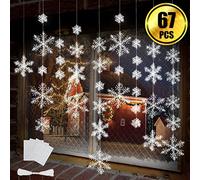 BTNOW 63 Pieces 4 Sizes White Christmas Snowflake Decorations Snowflake Ornaments Garland, 8 Meters White Strings and 60 Pieces Round Double Side Tape for Home Christmas Holiday Party Decorations