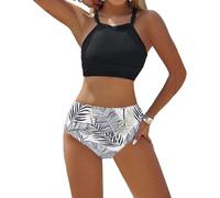 Btofellin Women's Bikini Sets High Neck Backless Two Piece Padded Swimsuit Tropical Leaf Print High Waisted Bikini Set Sexy Adjustable Bathing Suit Shorts Sporty Swimwear Black