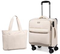 BTOOP 16 Inch Carry On Luggage with Tote Bag Luggage Sets Airline Approved TSA Lock Puffer Quilted Suitcases with Spinner Wheels Lightweight Soft Travel Luggage, Khaki, S, Puffer