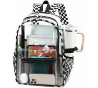 BTOOP Clear Mini Backpack Lightweight See Through Bookbag Small Transparent Bag for School Work Sports Stadium Security, L-black White - Plaid, 16.5'' H-Large