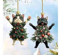 BTORER Black Cat Christmas Ornament, Xmas Tree Decorations Acrylic Hanging Ornaments, Cute Black White Cats Hanging Ornaments, Wearing Christmas Trees Dress Cat Ornament (Mix*2pcs)