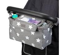 BTR XL Buggy Organiser Pram Storage Bag for Pushchairs with Mobile Phone Holder Dove Grey & White Stars.